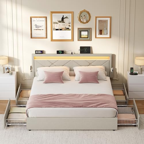 VASAGLE Lit Double, 140 x 190 cm, avec LED, en Métal, 4 Tiroirs, Multiprise, Tête de Lit Rembourrée Ajustable, Pas Besoin de Sommier, Beige Cappuccino RMB826LH01