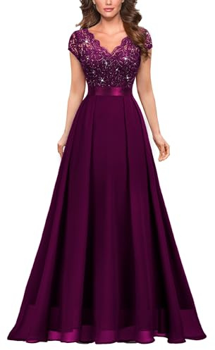 MIUSOL Women's Elegant V-Neck Lace Emprie Waist Bridesmaids Party Gown Formal Maxi Dress (Large, Sequins Version - Maroon)