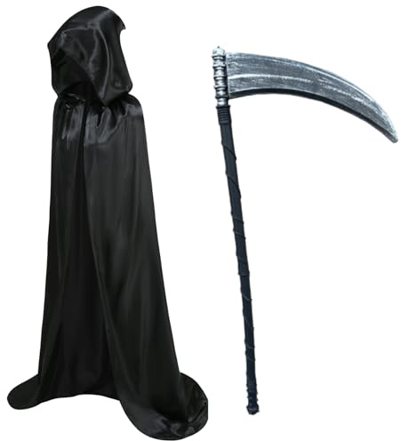 HAPNBCELE Adult Satin Cloak Long Unisex Hooded Black Cape Sickle Accessories Medieval Coat Halloween Christmas Coaplay Satin Costume 51.1Inch