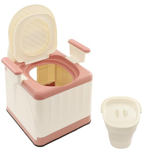 soudesileim Inodoro portátil plegable con tapa, 39.5x41x56cm, capacidad máxima de carga 150kg, inodoro de camping con respaldo y reposabrazos desmontables, inodoro móvil para automóvil (Rosa, Beige)