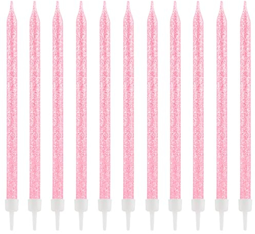 Zi Lan 24-Count Glitter Long Thin Birthday Candles, Pink Long Stick Cake Toppers Set for Birthday Party Wedding Anniversary Decorations Supplies