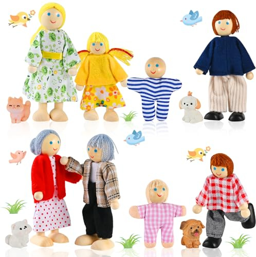 Wooderma 12 Stück Hölzerne Puppenhaus Puppen Familie Set, Puppenhaus Figuren mit Katze und Hund, Puppenfamilien-Biegepuppen für Rollenspiel, Puppenhaus Zubehör, Fantasiespiel, Geschenk für Kinder