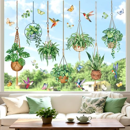 decalmile Spring Hanging Potted Plant Double Sided Window Clings Botanical Cactus Green Leaves Anti-Collision Glass Doors Window Stickers Decals