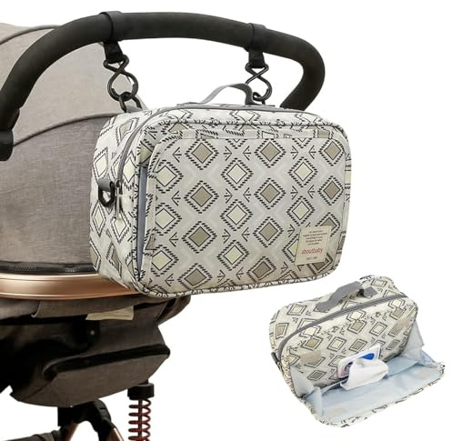Gcroet barnvagn blöjväska 11 x 4 x 7,5 flera fickor liten blöjväska med bärkasse och axelrem dragkedjestängning vattentät polyester för nya föräldrar., Rektangulärt mönster, 29x10x19cm