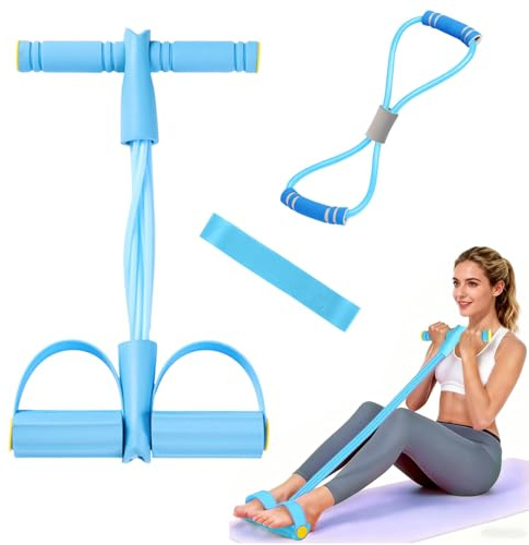 JDCMEI Entrenador Abdominal, Equipo de Entrenamiento de Abdominales, 6 Tubos Cuerda Elástica de Tracción con Banda de Resistencia de Figura 8 y Banda Elástica para Fitness, Adelgazamiento, Yoga, Azul