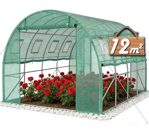 YRHome 3 x 4 x 2 m trädgårdsväxthus med dörr och rullbara fönster folieväxthus med stålfundament av galvaniserat stål, tomathus, vintersäkert folietält drivhus, växttunnel, UV-skydd för grönsaker