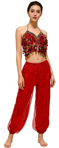 Greabuy Magdans kostym set grimma paljetter behåar toppar haremsbyxor byxor dansande kläder cosplay halloween kostymer dans kostym set för kvinnor