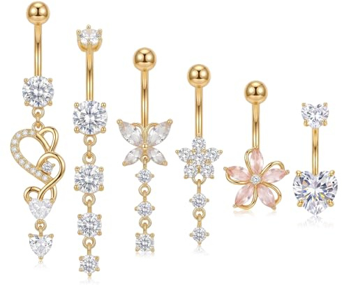 Dermalyx Set Da 6 Pz Di Piercing Per Ombelico Dorati Appesi, Anello Per Ombelico In Acciaio Chirurgico Con Zirconia, Gioiello Per Il Baule, Set Di Anelli Resistenti All’a