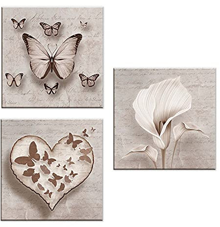 Lupia - Set 3 Quadri su Tela Canvas Day 38x38 cm Shabby, Stampe Vivide Decorazione con Farfalle, Cuori e Fiori, Moderni per Casa, Pronto da Appendere con Telaio in Legno MDF, Multicolore