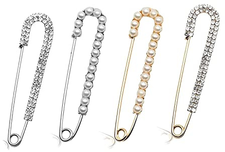 4 Stück Brosche, Broschenstifte,Sicherheitsnadel Brosche,Pullover Schal Clips Faux Kristall und Perle Broschen für Damen Mädchen Kleidung Dekoration(2 Stilen Roségold und Silber)