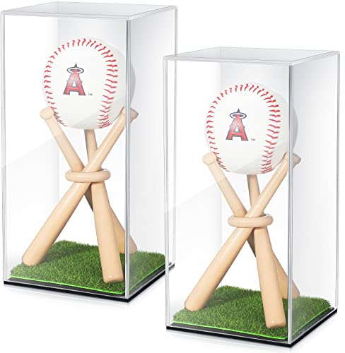 Mudder Baseball-Vitrine und Holzständer, Acryl-Baseball-Halter, Acryl-Box mit Gras-Pad für Ball-Display, Mini-Holzschläger, Vitrine für Erinnerungsstücke, Autogrammbälle (2 Packungen)