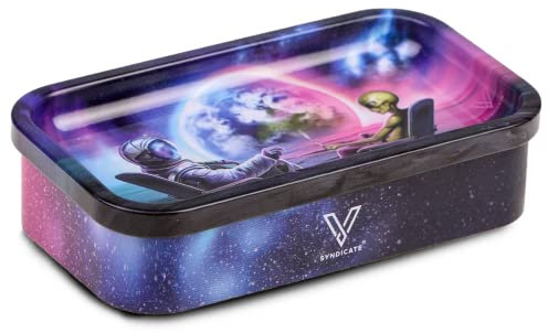 V Syndicate 12.7x7.1x3.8 cm Mini-Aufbewahrungsbox aus Metall mit Deckel zum Rollen, luftdichter Rolltablett, interaktiven Kunstwerken auf allen Seiten (Syndicase 2.0, stumpfer Orbit)