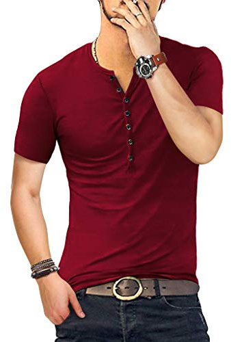 KUYIGO Hombres Algodón Camiseta Slim Fit Henley Camisa Básica Crew Neck Botones Manga Corta&Manga Larga Moda Tops