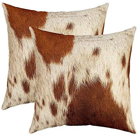 Funda de cojín de piel vaca de 40 x 40 cm, piel vaca para el salón, dormitorio, sofá, juego de 2 fundas de cojín occidental, granja, animales, piel beige, marrón, funda de almohada