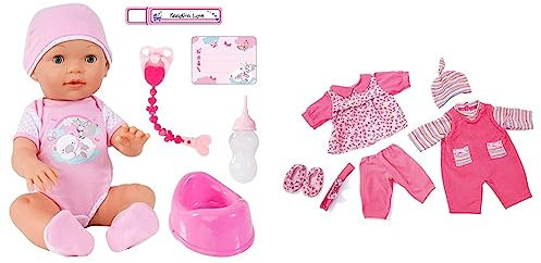 Bayer Design - 94209AA Funktionspuppe „Piccolina Love“ – Babypuppe mit viel Zubehör und Funktionen & 8461900 - Puppenkleidung Set für Puppen, 42-46 cm