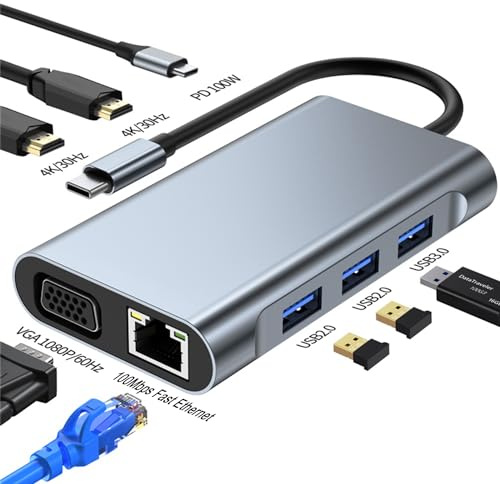 USB C till dubbel HDMI-dockningsstation, typ C multiportadapter med dubbel HDMI (4K@30Hz), 1080P VGA, RJ45, 100W PD, USB3.0, 2 USB2.0, 8-i-1-hubb för Dell HP MacBook Laptop (8 i 1 2HDMI+VGA)