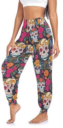Vintage Damen Haremshose Yogahose mit hoher Taille, Jogginghose, athletische Lounge-Hose, Bunte mexikanische Totenköpfe, X-Groß