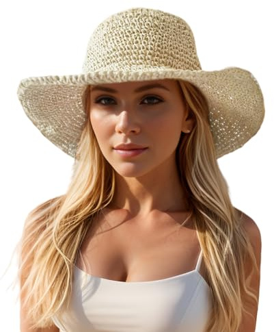 Womens Sun Hats Wide Brim Summer Beach Hat for Women Foldable Travel Fedora Handmade Crochet Straw Hat Packable UPF50+, Beige