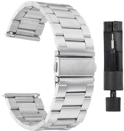 QUARKZMAN 22mm Correas de Reloj de Acero Inoxidable con Cierre de Mariposa de Chapado Metálico Liberación Rápida Acero Sólido Cadena Tira Reemplazo con Adaptador Tono Plateado