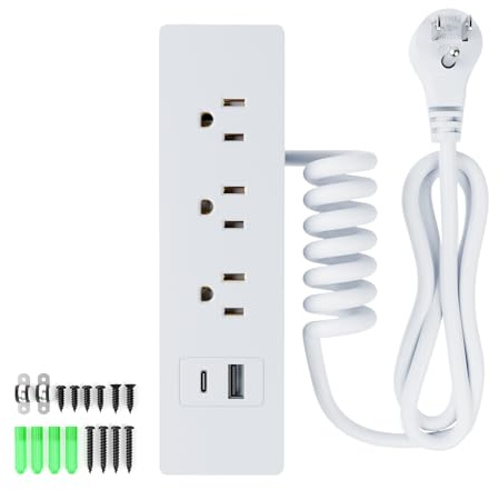 Drawer Outlet Kit, Recessed Furniture Power Strip, PD 20W Fast Charging Horizontal Outlet, Clutter-Free Drawer Socket with 2 USB(A & C) and 3 12 Amp AC Ports, 7.2 FT Power Cord, Spring Cable