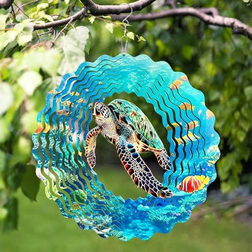 Sea Turtle 3D Wind Spinner 10 inch Hanging Spinners Outdoor Laser Cut Weatherproof Metal Art for Outdoor Décor Patios Gardens and Coastal Living Ocean Themed Ornament Gifts for Woman Mom Wife