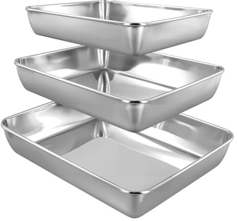 SINJEUN Juego de 3 bandejas para tartas de acero inoxidable, rectangulares, 35 x 30 x 5,5 cm, 30 x 25 x 5 cm, 25 x 20 cm, bandeja para hornear para servir