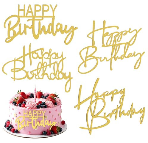 4 Packungen Happy Birthday-Kuchenaufsätze Acryl Spiegel Acryl Kuchenaufsätze Seitliche Cake Topper Geburtstag für Geburtstags Tortendeko Geburtstag Lieferungen (Gold)
