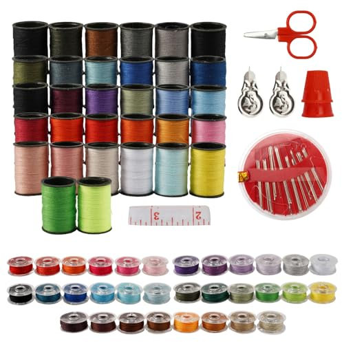 64 Stück Nähgarn für Nähmaschine, Nähgarn Set 32 Farben NäHmaschinengarn, 32 Unterfadenspulen, Garn Nähmaschine Zubehör, Sewing Thread, Nähfaden Set mit Nadeln, Nadel Einfädler, Maßband, Schere