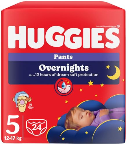 Huggies Overnight - Pañales de noche para bebé, talla 5 (12-17 kg), pañales absorbentes para la noche, diseño Disney, paquete de 24 bragas