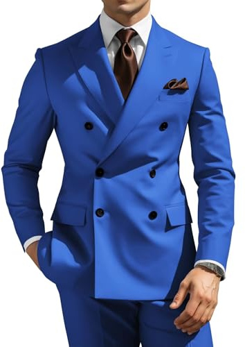 TIJOFA Mens Suits Classic Fit 2 Piece Royal Blue Double Breasted Suits for Men Wedding Prom Homecoming Formal Business Groom Royal Blue Double Breasted Blazer Pants Sets Tuxedo XXL