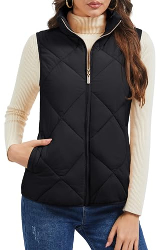 MAGCOMSEN Womens Black Puffer Quilted Winter Vest Zip Up Outerwear Water Resistant Jackets Warm Stand Collar Coats, L