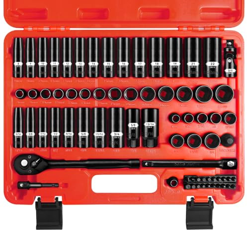 pgroup 3/8 Inch Drive Impact Socket Set, 72 PCS Standard SAE(5/16- 3/4) & Metric(8-22mm) With Spark Plug, 6 Point Deep & Shallow, 72T Wrench Ratchet Tool Kit, Cr-V With Heavy Duty Storage Case