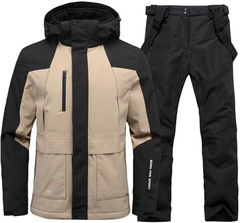 YEEFINE Men's Ski Suit Winter Snowsuit Waterproof Windproof Ski Jacket and Pants Set Insulated Snowboarding Suit Khakiblack XL