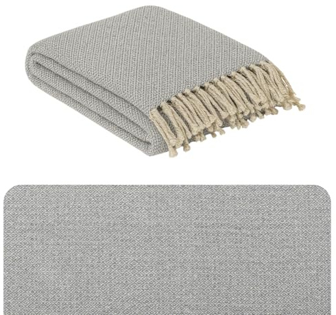 Marrakesch Decke Tagesdecke aus Baumwolle 125x150 cm klein | Sofadecke Überwurf für Couch & Sofa | Kuscheldecke Bettdecke im Wohnzimmer Schlafzimmer | Wohndecke Boho mit Fransen Grau