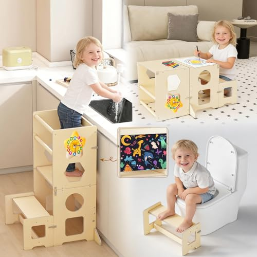Toddler Kitchen Step Stool, 4 in 1 Foldable Learning Tower with Blackboard and Star Number Clock, Standing Step Stool Toddler Tower for Bathroom Sink, Kitchen Counter