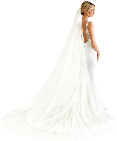 Long voile de mariée simple, 1 couche de tulle souple, Avec peigne en métal, Voile Blanc doux Adapté aux Accessoires de Cheveux de Mariage (B)
