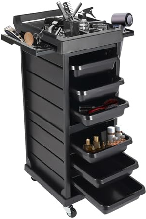 Chariot de coiffeur à 7 étages avec serrure et 4 clés, chariot cosmétique avec tiroirs et roulettes, grand espace de rangement pour salon, noir