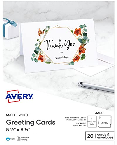 Avery Greeting Cards, Inkjet Printers, 20 Greeting Cards & Envelopes, 5.5 x 8.5, Folded (3265)
