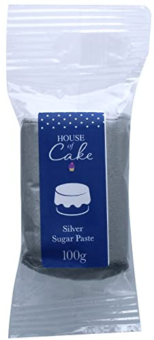 House of Cake Metallic Silver Edible Sugar Paste, Fondant Icing for Modelling, Marbling, Lettering, & Creating Shapes, Add a Shiny Smooth Finish to Cakes & Cupcakes,Silver 100g,small