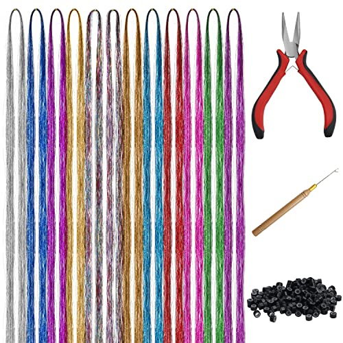 Belle Vous Set da 2400 Tinsel Hair Kit Extension Capelli Colorati - 12 Colori - Fili Glitter Capelli Colorati Bambina Sintetici con Strumenti - Extension con Clip per Capelli da Fata, Feste e Decori