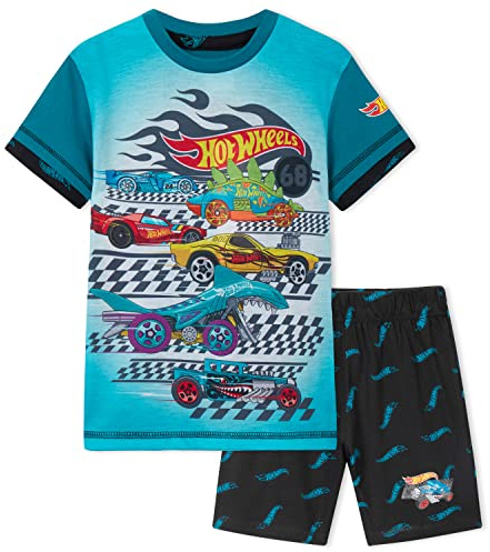 Hot Wheels Pijama Niño Pijamas de Manga Corta Ropa para Niño con Camiseta y Pantalón Corto Ropa de Estar en Casa Regalo Niños (4-5 Años, Azul)