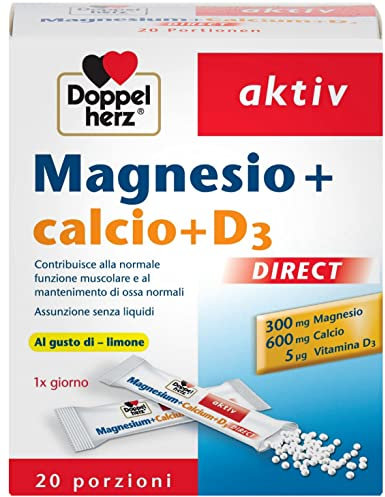Magnesio + Calcio + Vitamina D3-20 bustine - Integratore Magnesio di Doppelherz per la funzione Muscolare e al mantenimento di Ossa - Limone