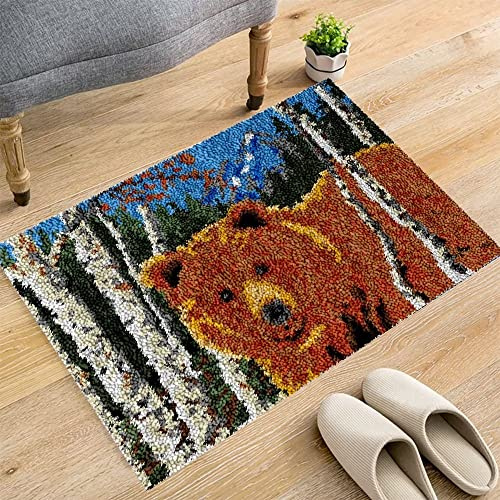 ROCKY&CHAO Latch Hook Kit for Adults & Kids Complete DIY Rug Making Craft Kits with Yarn & Canvas and Crochet Needle, Adult Craft Kits for Women, Relaxing Home Art Project - Brown Bear 50x38cm