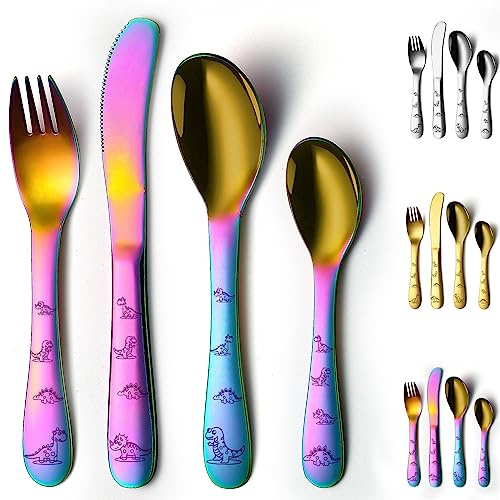 Evanda Ustensiles Arc-en-ciel 4 pièces en Acier Inoxydable avec revêtement en Titane Arc-en-ciel, fourchettes et cuillères pour, Vaisselle Ronde Lisse et polie