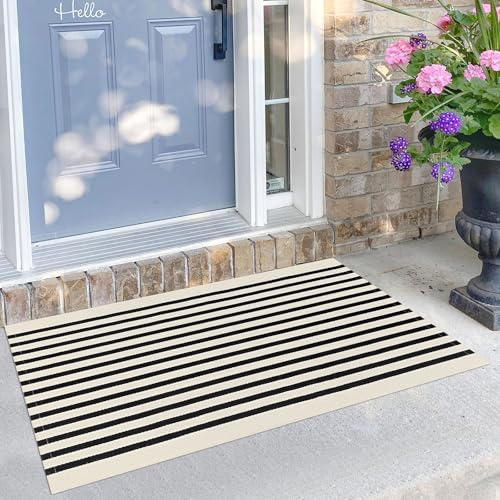 KILOCOCO Beige Striped Rug 2.3'x3.6' Indoor Outdoor Rugs Front Door Mat Hand Woven Cotton Washable Striped Layered Doormats for Front Porch/Kitchen/Farmhouse/Entryway/Patio