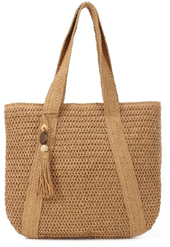 EVEOUT Stroh Umhängetaschen für Damen Sommer Mode gewebte groß Schultertaschen Lässige Strandtasche Shopper