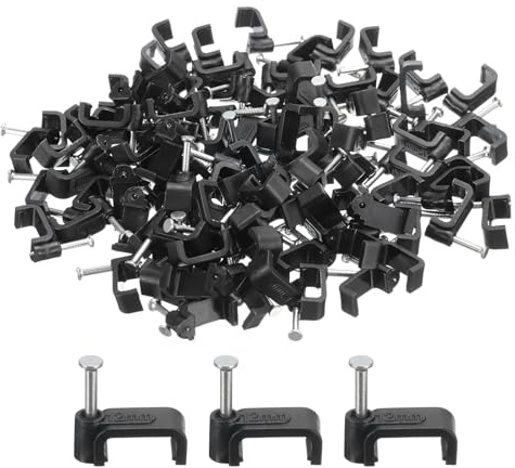 uxcell 100Pcs Cable Clips with Steel Nails 12mm Square Wire Clip with Steel Nail for Cable Holder Cable Management Desk Organizers Wall, Black