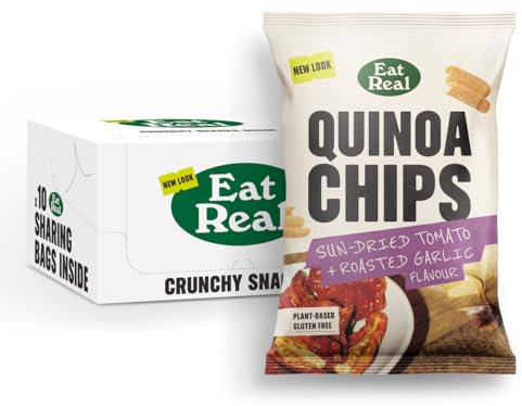 Eat Real, Quinoa Chips, Sundried Tomato and Roasted Garlic Crisps, 10 x 90g, Gluten-Free Plant-Based Snack Option, Healthy Multipack Crisps