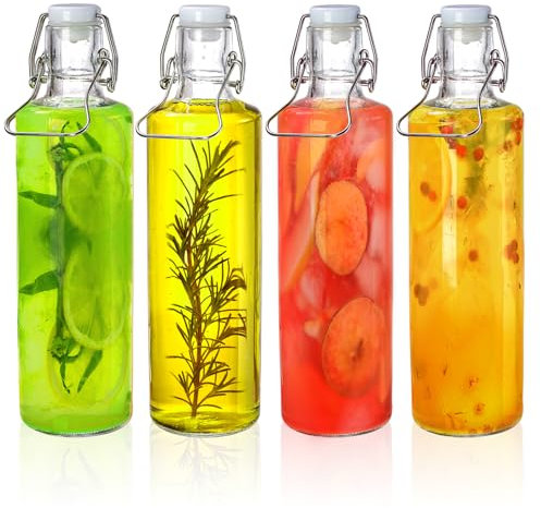 Cididu 33oz Swing Top Glass Bottle 4 Pack, 1L Clear Beer Bottle with Air Tight Lids, Easy Cap Glassware with Handle for Kombucha, Home Brewing, Juice, Carbonated Drink, Vinegar, Oil, Mead, Milk, Soda