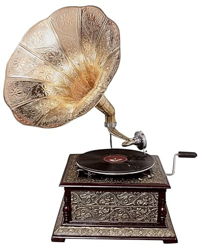 Grammofono Replica Player 78 rpm Square Embossed fonografo corno ottone